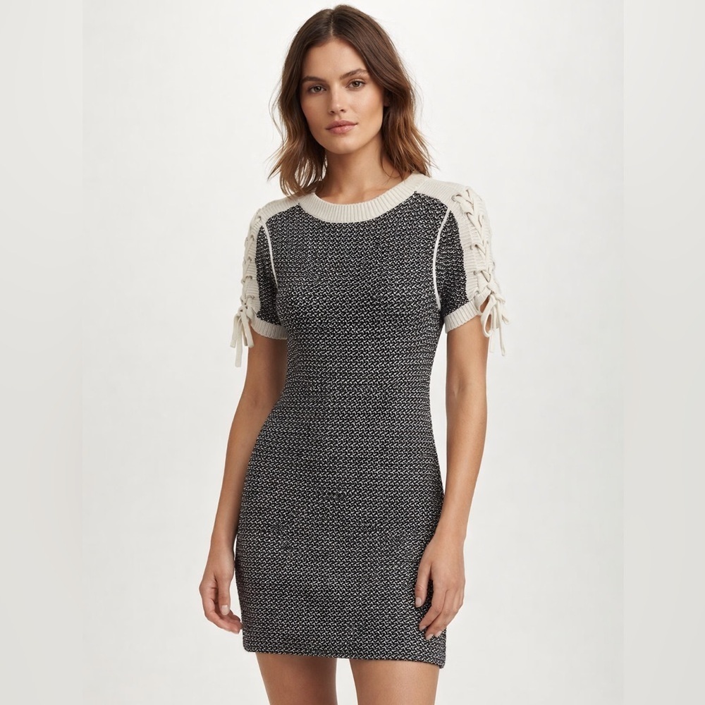 Rag & Bone Lace-Up Sleeve Knit Dress Black White Cotton Size Small